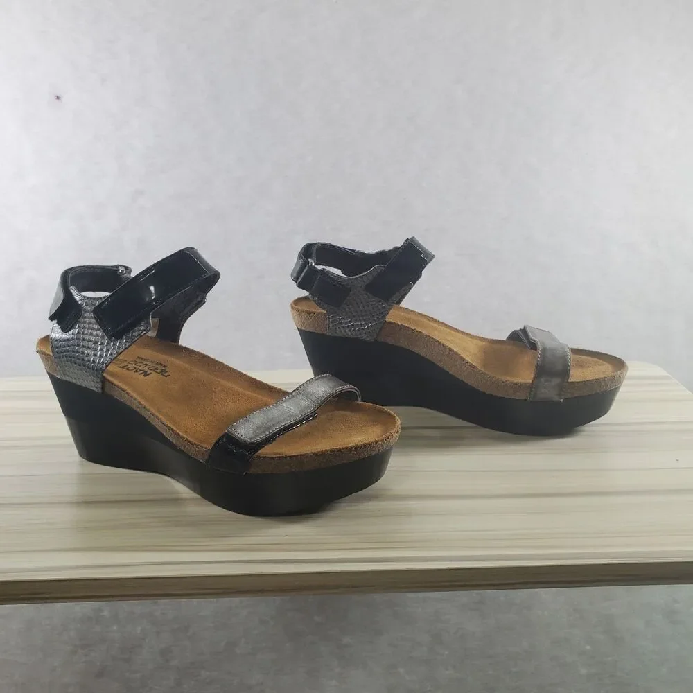 sz 40 Naot Miracle Platform Sandals Open toe Ankle Strap Black Silver Metallic